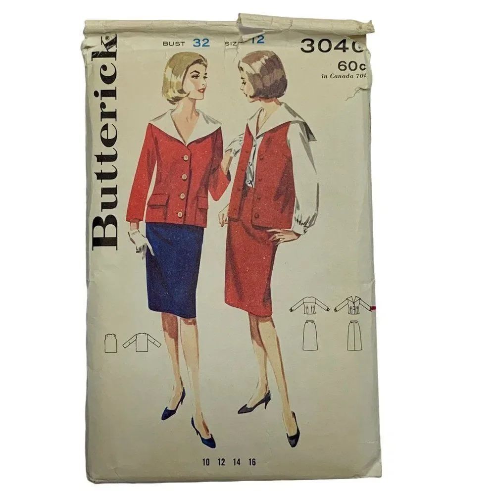 Vintage Butterick 3040 Pattern Misses 10-16 Jacket Sailor Collar Top Skirt Cut